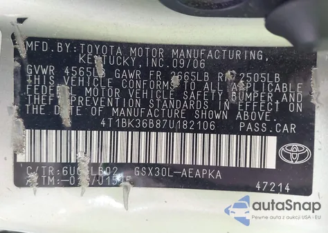 2007 Toyota Avalon Limited из США, поврежденный, VIN 4T1BK36B87U182106